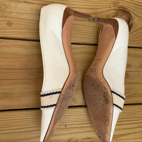 Miu Miu by Prada White Navy Blue Stripe Ribbon Heels Shoes Italy 38.5 Leather - Picture 8 of 14